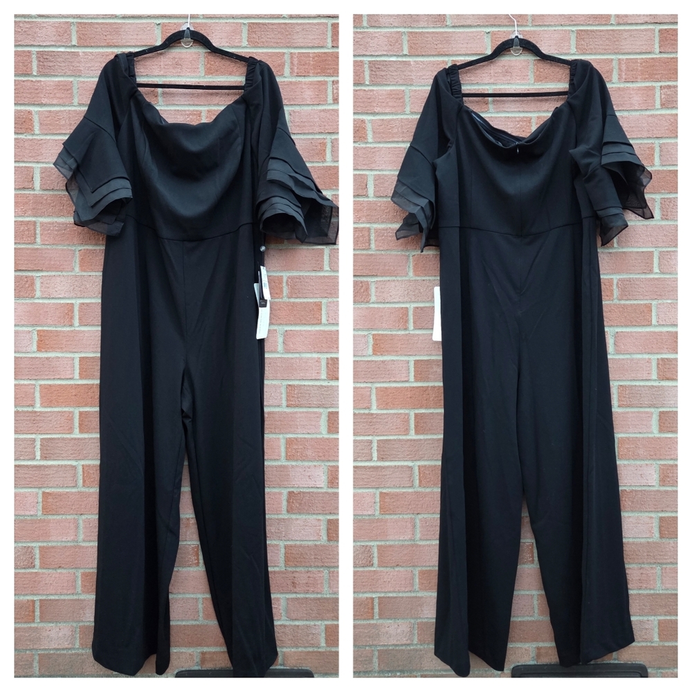 Adrianna Papell Plus Size Off The Shoulder Crepe Jumpsuit Organza Sleeves 22W - Picture 3 of 6